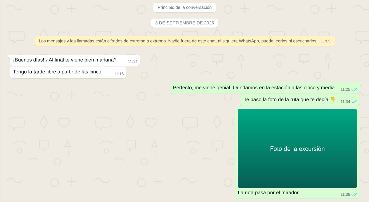Captura real del visor de XSEC: conversación de WhatsApp archivada con burbujas de mensaje, foto compartida y aviso de cifrado, tal como se ve tras subir el ZIP
